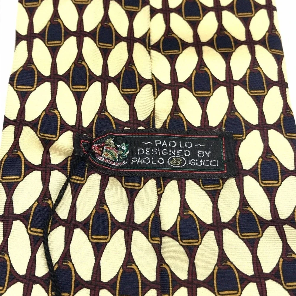 Read Desc. PAOLO GUCCI Designer Luxury Elegant Beige Red Navy Silk Necktie ITALY